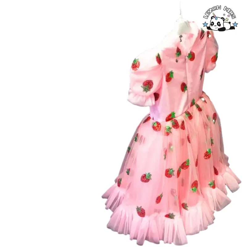 LEZONKIDS - Vestido infantil com lantejoulas de morango, manga bufante e tule rosa para meninas 2020